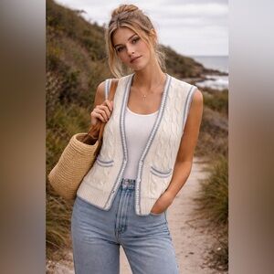 VTG YarnWorms White &. Blue Pteppy Academic Cottagecore Cable Knit Vest L